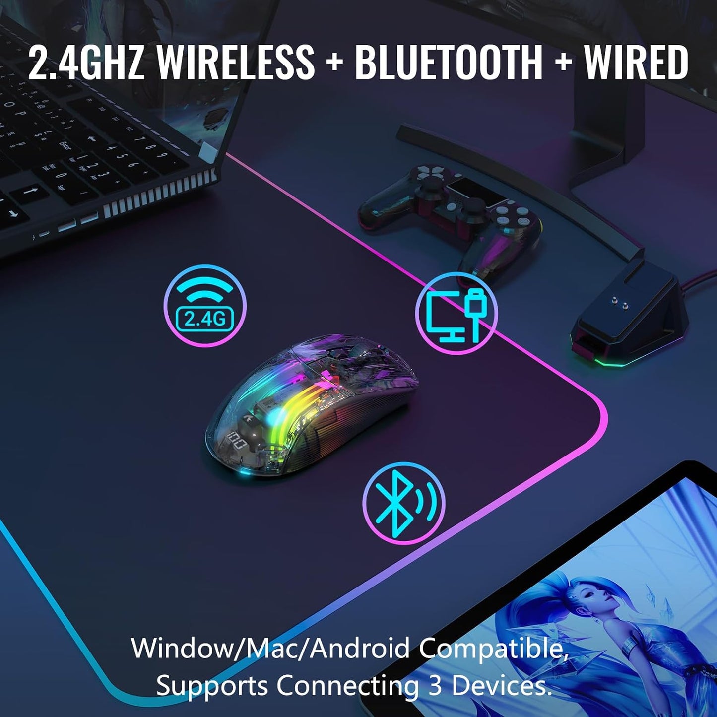 A.JAZZ Wireless Gaming Mouse with Full Transparent,Tri-Mode 2.4GHz/Bluetooth/Wired Mouse,Digital Display,Charging Base,3D RGB Backlit,Silent Mice with 7 Buttons,Wireless Mice for Laptop,PC,Mac(White)