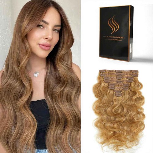 Tandulo Clip in Hair Extensions Real Human Hair Body Wave 27 Honey Blonde Clip in 100% Brazilian Remy Human Hair Extensions 8pcs Per Set with 18 Clips Double Weft 24 Inch 120g/3.6oz