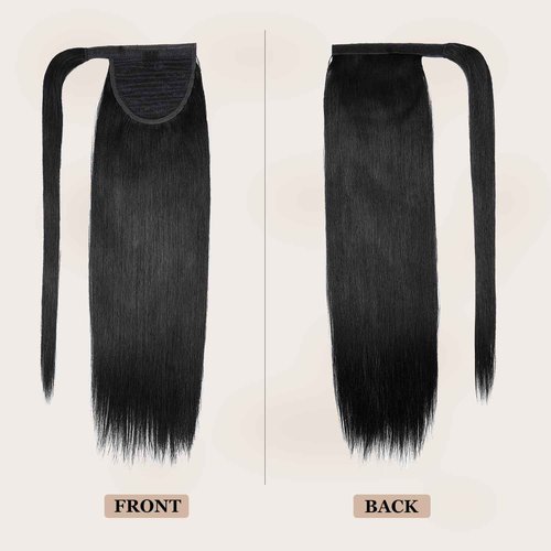 JIAMEISI Ponytail Extension Human Hair Wrap Around Clip in Hair Piece Straight Ponytail For Black Women with Magic Paste 90G(20 inch, Black #1)