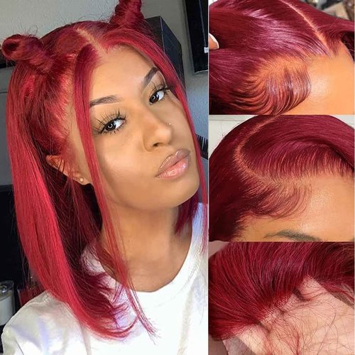 newnavat 99j Burgundy Lace Front Wigs Human Hair 14 Inch Bob Red Bob Wig Human Hair Red Straight Lace Front Wigs Human Hair 13x4 HD Lace Frontal Wig Wine Red Human Hair Wigs for Women