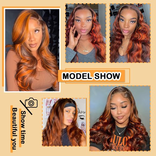 LAINSS 13x4 Highlight Ombre Lace Front Wig Human Hair Ginger Brown Body Wave HD Transparent Lace Frontal Wigs Pre Plucked Human Hair for Women P4/350 Colored Lace Front Wigs 180% Density 20Inch