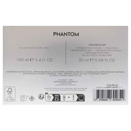 Phantom by Paco Rabanne for Men 2 Piece Set Includes: 3.4oz Eau de Toilette Spray + 0.68 oz Eau de Toilette Spray