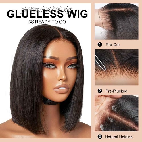 CAREKISS Bob Glueless Wigs Human Hair Pre Plucked Pre Cut 150 Density Wear and Go Glueless Wig 4x4 HD Straight Lace Closure Bob Wigs for Black Women 14inch