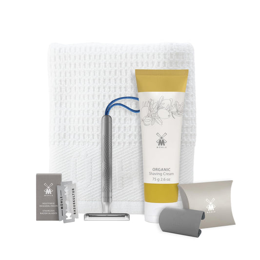 MÜHLE Companion 5-Piece Shaving Set - Unisex Safety Razor with Grey Cord, Blade, Cream, Cloth - Vegan, Sustainable