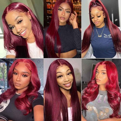 Samrabeauty 99j Burgundy Straight Lace Front Wigs Human Hair 99J 13X4 HD Transparent Lace Frontal Wigs 180% Density Glueless Pre Plucked with Baby Hair Wigs for Women