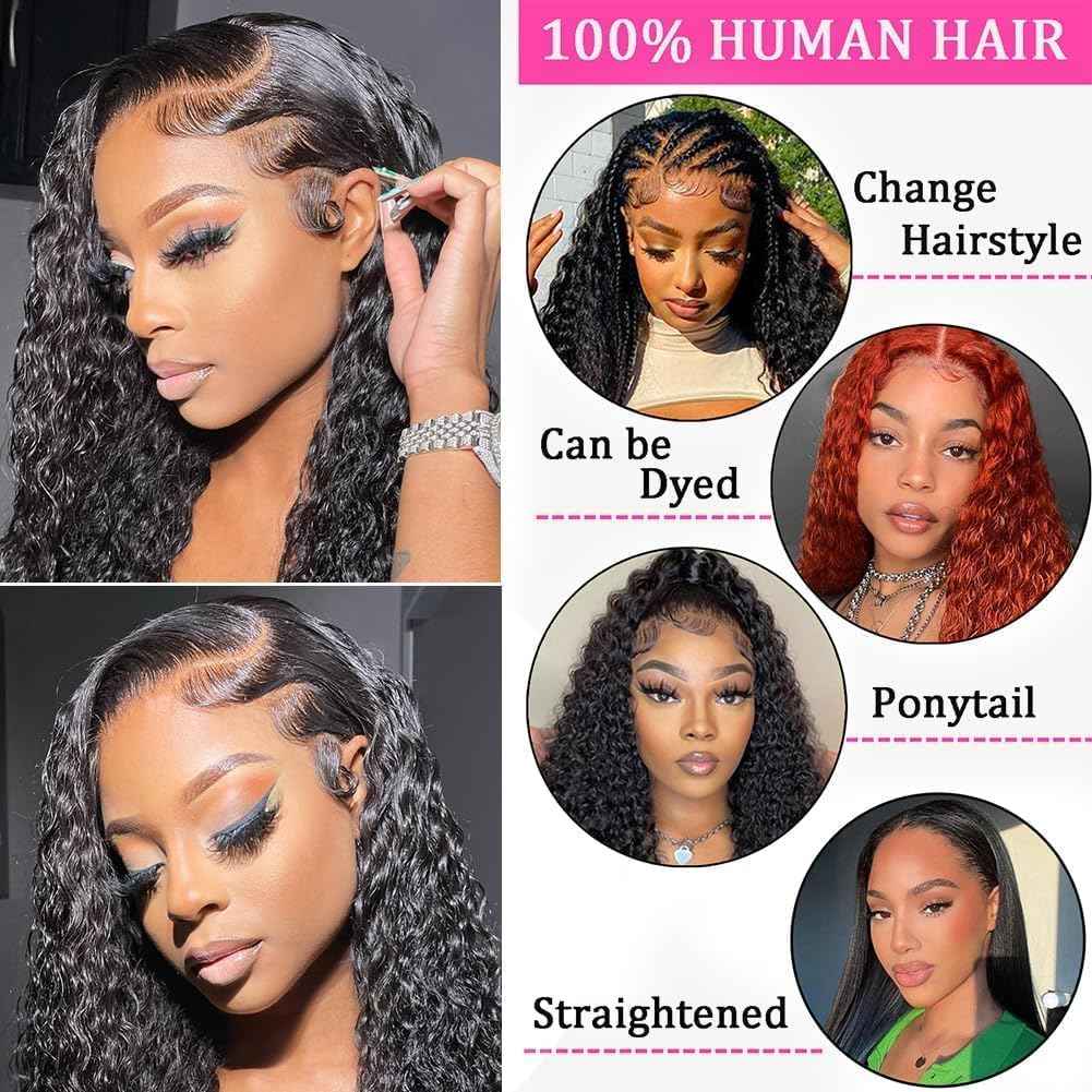 20 Inch 13x6 Lace Front Wigs Human Hair Water Wave 200 Density 13x6 HD Full Lace Frontal Wigs Pre Plucked Wet and Wavy Glueless Deep Curly Human Hair Wigs for Women Natural Black