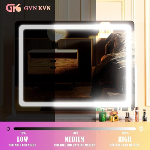 Gvnkvn Makeup Vanity Mirror with Lights 20" L x 26" W Large LED Makeup Mirror, Light up Mirror with 10X Magnification and USB Charging Port, Dimmable 3 Modes, Touch Screen Control White