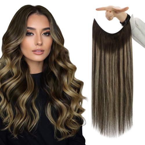 Fshine Invisible Wire Hair Extensions Real Human Hair 18 Inch Secret Wire Hair Extensions Black Roots to Black Mix Honey Blonde Adjustable Fishing Line Hair Extensions Silky Clip Ins 80G