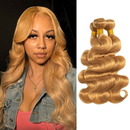 ALHER Honey Blonde Body Wave 3 Bundles Human Hair, 12A Color #27 Honey Brown Golden Blonde Colored Human Hair Bundles Soft Thick Sew In Weave Wavy 100% Unprocessed Virgin Remy Hair Weft 12 14 16 In
