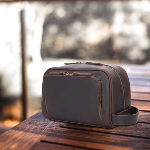 Polare Vintage Full Grain Leather Handmade Travel Toiletry Bag for Men - Dopp Kit - Shaving Kit with YKK Metal Zippers A-Dark Brown