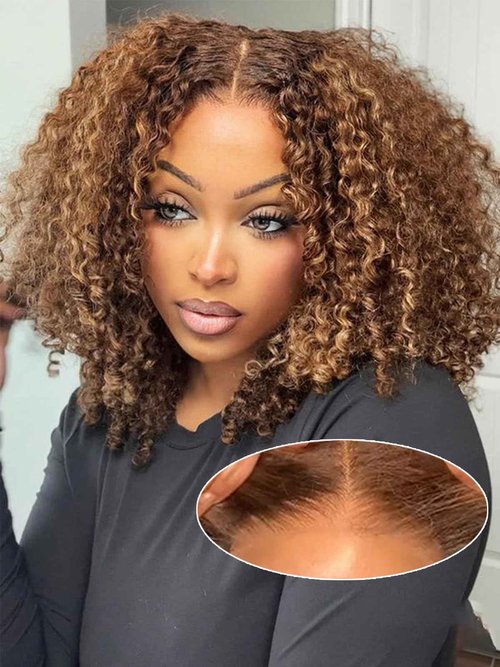 Lealife 14 inch Kinkycurly Wear and Go Glueless Wig Ombre Highlight 4/27 Wigs Pre Cut Transparent Lace Wig human hair Pre Plucked,Natural Hairline for Women 200% Density