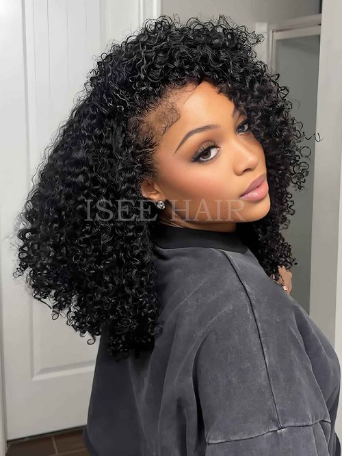 ISEE Half Wig Human Hair Glueless Wigs Upgrade 3 IN 1 Half Wig With Drawstring Seamless Clip Ins Flip Over Kinky Curly Human Hair No Glue No Lace For Women 180% Density 16 Inch