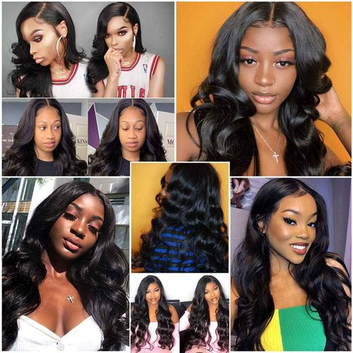 Body Wave 3 Bundles with Frontal (14 16 18+14, Bundles with Frontal) 100% Unprocessed Brazilian Body Wave Human Hair Weave with 13x4 Free Part Lace Front with Pre-Plucked Baby Hair Natural Color