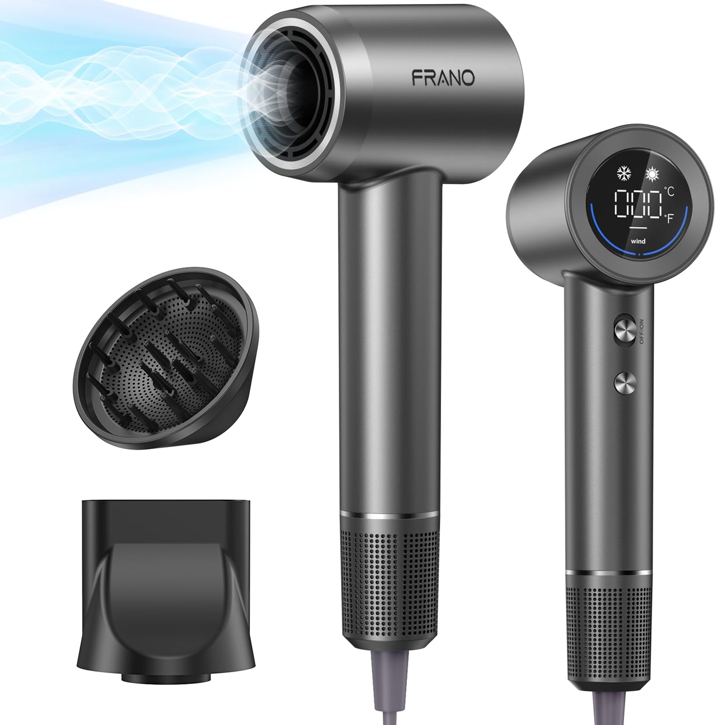 Professional Hair Dryer, 150,000 RPM High-Speed & 200 Million Negative Ions, Intelligent HD Display, Low Noise 51dB, Magnetic Diffuser & Nozzle, Travel Gift for Women