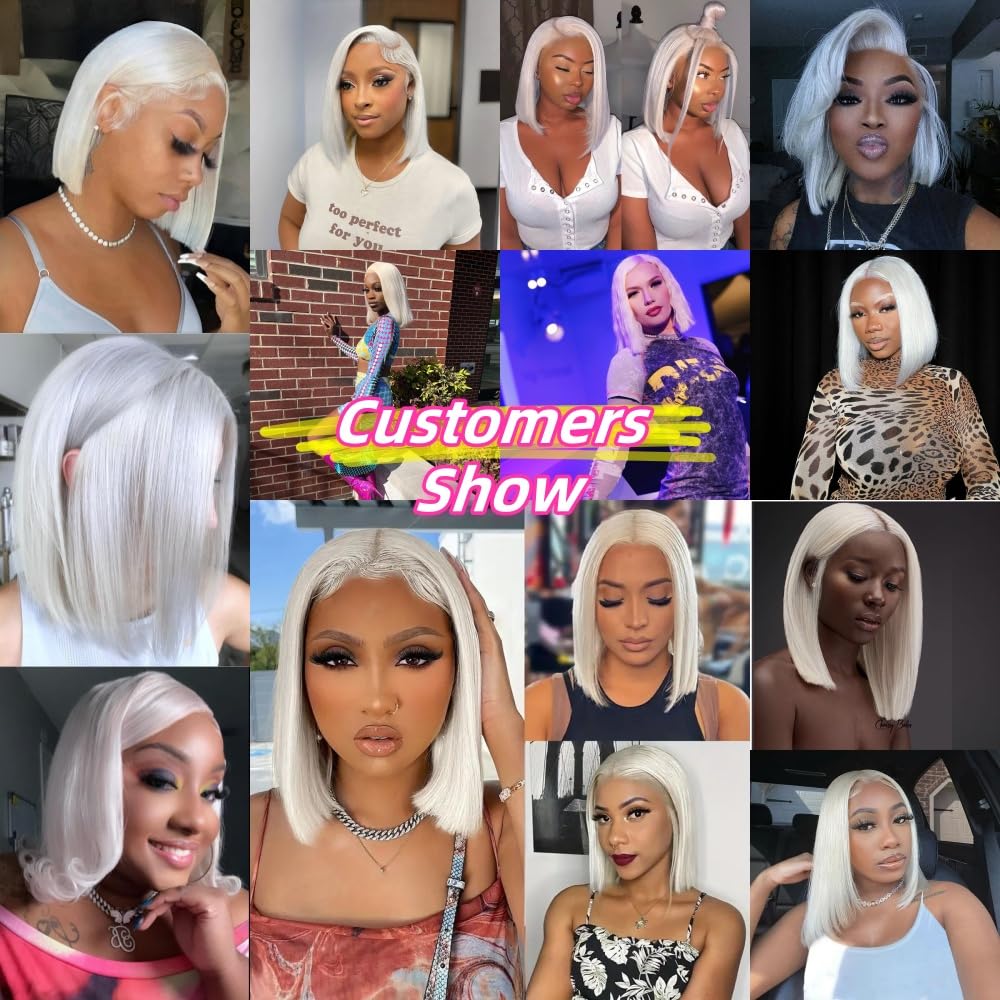 #60 Silver Grey White Platinum Blonde Wigs Human Hair for Women 10 Inch Silky Straight Ash Blonde Bob Lace Front Wigs with Baby Hair Pre plucked HD Transparent Lace Frontal 150% Density