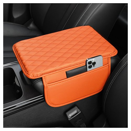 Upgraded Car Center Console Cover,Microfiber Leather Car Armrest Cover Cushion with 2 Storage Bags,Universal Car Armrest Storage Box Car Interior Accessories for Most Cars (Orange)