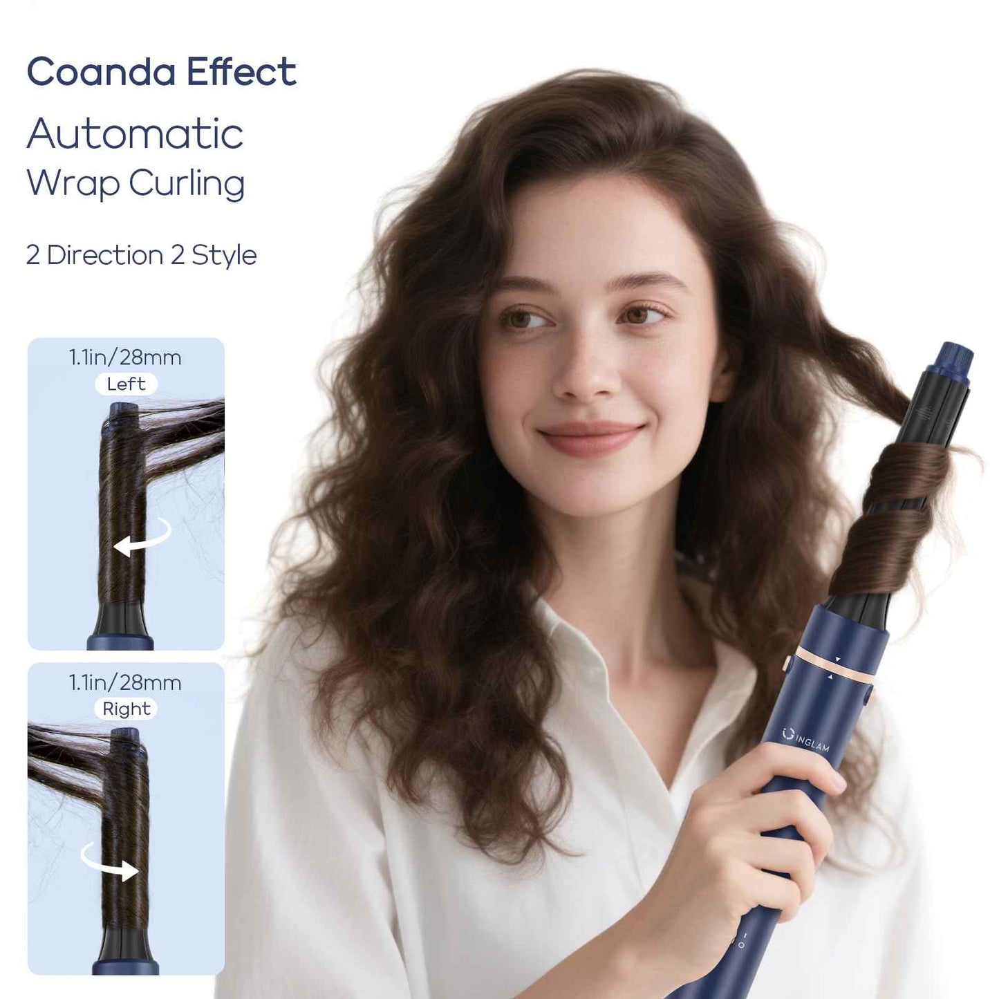 5 in 1 Blow Dryer Brush IG INGLAM MegaAir Hair Styler Brushless Hair Dryer Brush Left/Right Air Auto-Wrap Curler Hot Air Brush Negative Ions No Heat Damage Frizz-Free Drying Curling, Prussian Blue