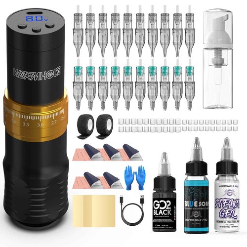 Wormhole Tattoo Wireless Tattoo Gun Kit with 1/2 OZ Xtreme Tattoo Ink 1,500 mAh Capacity Battery, 20PCS Tattoo Needles, Complete Tattoo Machine Kit Wireless Tattoo Pen for Tattooists WTK383