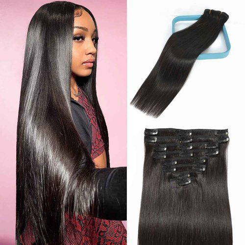 LORIEN Real Human Hair Clip in 100% Human Hair Extensions Brazilian Remy Human Hair Clip on Hair Extensions 8pcs Per Set with 18Clips Double Weft (20 Inch, 1B Natural Black)