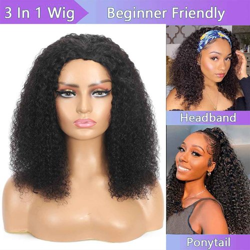 mmiQus Half Wig Human Hair Jerry Curly Half Wig Upgrade 3 In 1 Half Wig Human Hair With Drawstring Seamless Clip Ins Flip Over 200 Density Gluless Wigs For Black Women 18 Inch