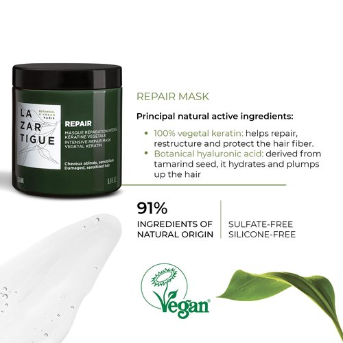 Lazartigue Repair Mask, Vegetal Keratin & Tamarind Seed, Restorative Treatment for Damaged Hair, Vegan, 8.4 Fl Oz