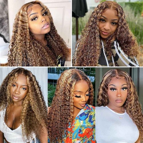 Smilegirl Highlight Glueless Wigs Human Hair Pre Plucked Pre Cut Ombre Honey Blonde Curly Lace Front Wig for Black Women 5x5 HD Lace Closure Wig for Beginners 180 Density