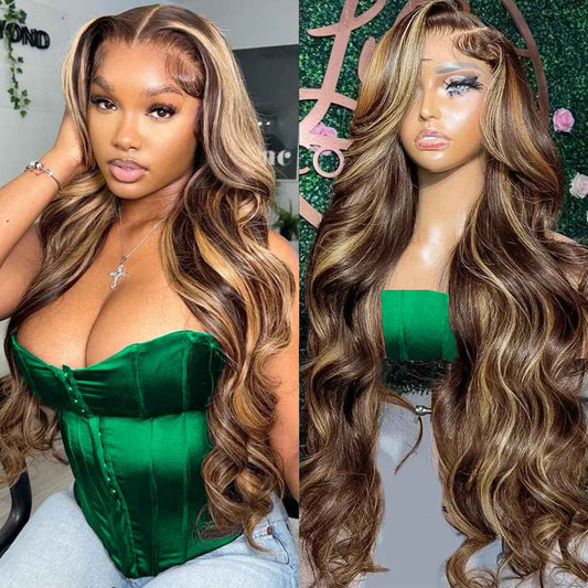 20 Inch Highlight Honey Blonde Lace Front Wig 13×6 Ombre P4/27 Highlight colored Lace Front Wigs Human Hair Pre Plucked Bleached Knots 180% Density