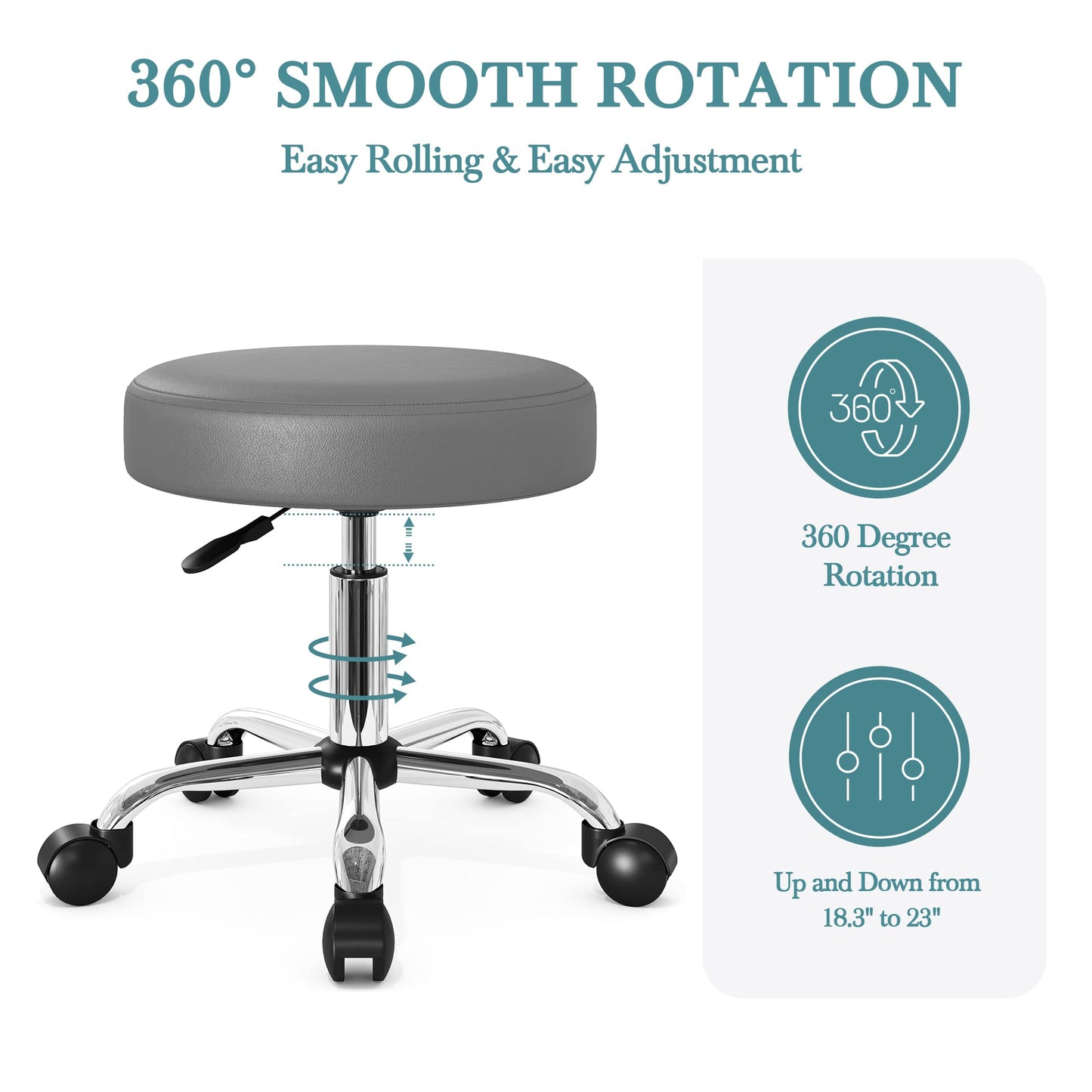HOOMIC Rolling Stools with Wheels Salon Office Shop Bar Adjustable Spa Tattoo Massage Medical Swivel Drafting Stool with PU Leather Cushioned in Grey