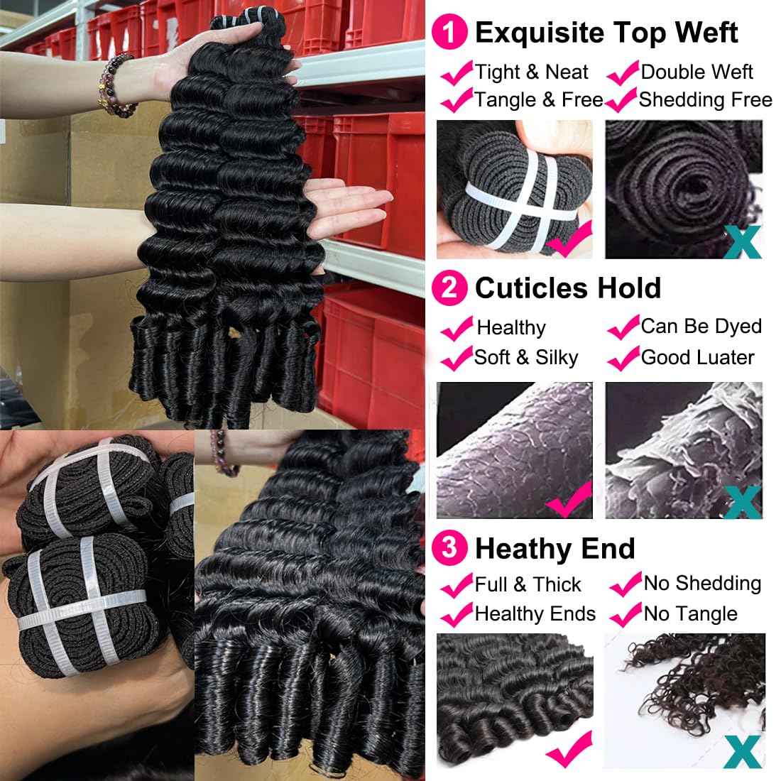 15A Burmese Deep Wave Bundles Human Hair 20 Inch 1 Bundle Tangle Free Unprocessed Brazilian Virgin Hair Weft with Spiral Curly End for Women Deep Wave Human Hair Weft Extensions