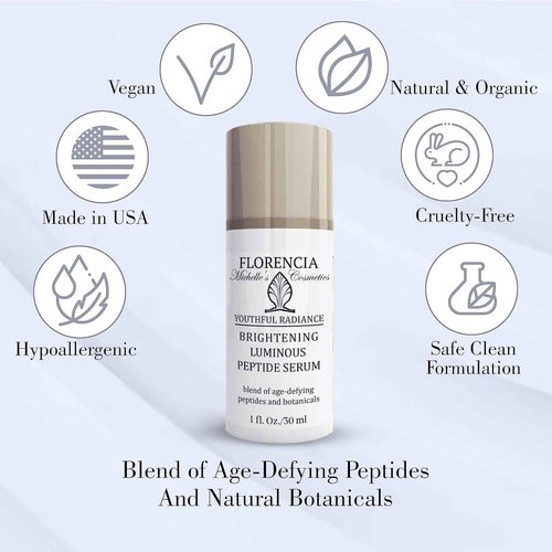 Florencia Brightening Luminous Peptide Serum - Age-Defying Face Serum with Peptides, Sodium Hyaluronate & Organic Botanicals – Helps to Reduce Wrinkles, Illuminate Complexion, 1 Oz