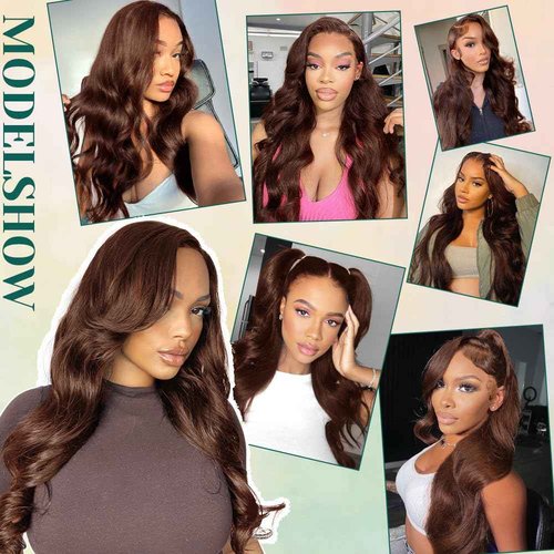 MUGOHK Brown Wear and Go Glueless Wigs Human Hair Pre Cut 30 Inch 7x5 Chocolate Brown Body Wave HD Lace Front Wig Pre Plucked Bleached Knots #4 Dark Brown Lace Closure Wigs 200 Density for Women
