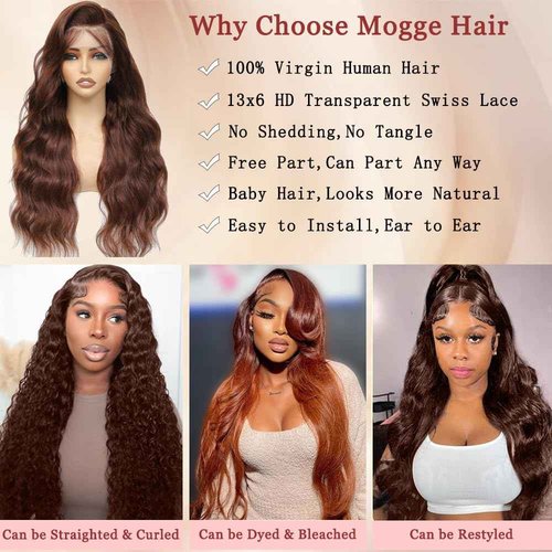 mogge Chocolate Brown Lace Front Wig Human Hair 28 Inch 13x6 Body Wave Lace Front Wigs Human Hair Pre Plucked 200 Density HD Lace Frontal Wigs Brown Colored Wigs Human Hair for Women