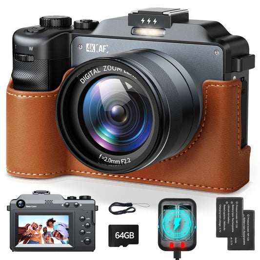 4K Digital Camera for Photography 64MP Auto-Focus Vlogging YouTube Camera with 3'' Dual Cameras 18X Travel Compact Cameras with Flash, 2 Batteries & Charger, 64GB Card for Beginner