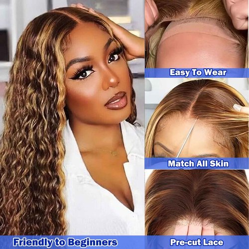 ManeMajesty Ombre Curly Wave Lace Front Wigs Wear and Go Glueless Wigs Human Hair Pre Plucked Pre Cut Wet and Wavy Lace Front Wig180% Density T Part Honey Blonde and Brown Mixed Wig(FS4/27,12inch)