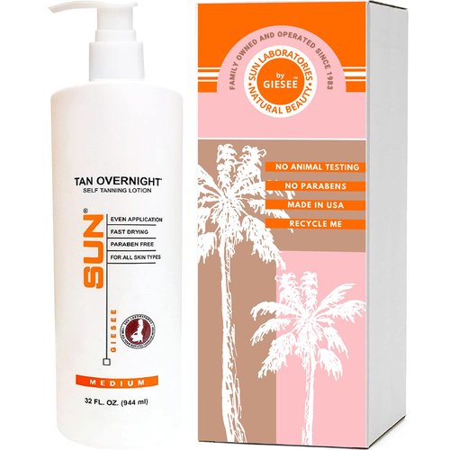 Sun Laboratories By Giesee Tan Overnight Self Tanning Lotion 32 oz - Medium To Dark Self Tanner, Sunless Tanning Lotion, Odorless Long Lasting Tanning Lotion, Instant Tanner Lotion for Face & Body