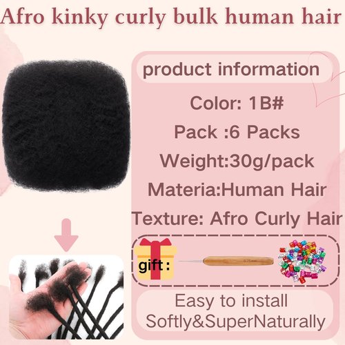 Afro Kinkys Bulk Human Hair for Dreadlock Extensions,Repair Locs, Twists and Braids, 180 Gram Each Package 100% Human Hair Afro Kinky Bulk Can be Dyed and Bleached (Natural Black, 10inch)