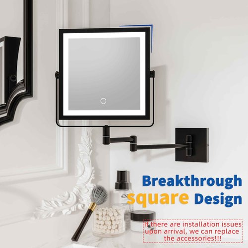 Ruacq Rechargeable Wall Mounted Makeup Mirror with Lights, Double Sided 1X/10X Magnifying Vanity Mirror with 3 Color Lighting, Touch Screen Dimmable, 360° Rotation Extension Foldable Arm(Matte Black)
