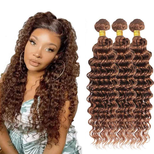 26 28 30 Inch Light Brown Human Hair Bundles Color 30 Deep Wave Bundles Brazilian Virgin Remy Hair Extensions Brown Loose Deep Wave Bundle For Black Women