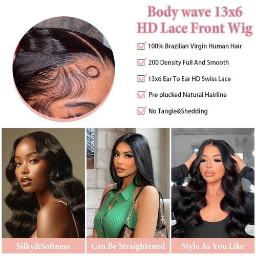 annione 30 Inch 13x6 Lace Front Wigs Human Hair 200% Density Real Human Hair Wig Body Wave HD Lace Frontal Wigs Pre Plucked Transparent Lace Natural Black for Women