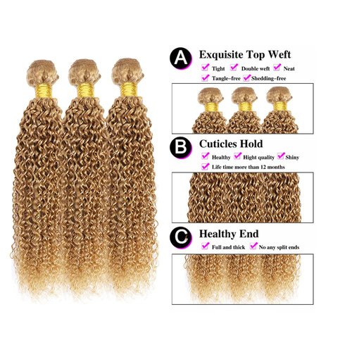 Biliisyff Color #27 Honey Blonde Curly Human Hair Bundles Brazilian Virgin Remy Hair Extensions Double Weft Color 27 Bundles Human Hair Honey Blonde Curly Wave 20 22 24 Inch