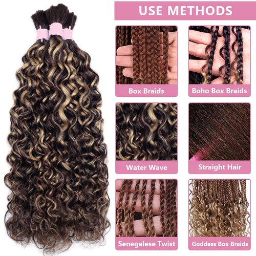 Lucasar Water Bulk Human Hair for Braiding 100g(One Bundle/Pack) Virgin Human Hair Curly Braiding Hair For Bohemian Knotless Boho Braids Highlight No Weft Human Hair Bundles For Braiding(24inch P4/27)