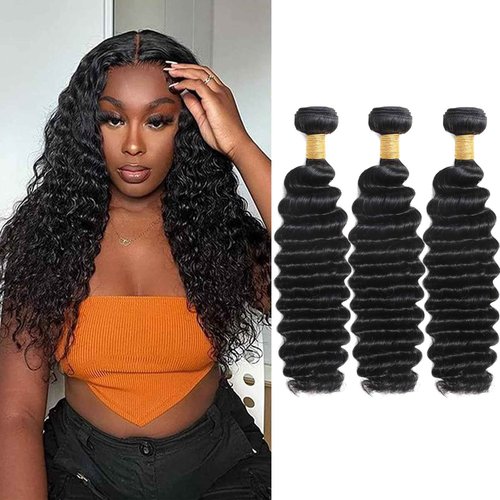 Savasana 12A Human Hair Bundles 10 12 14 Inch 3 Deep Wave Bundles, 100% Unprocessed Brazilian Virgin Human Hair Raw Hair Quick Weave Installation Real Human Hair for Women Natural Black