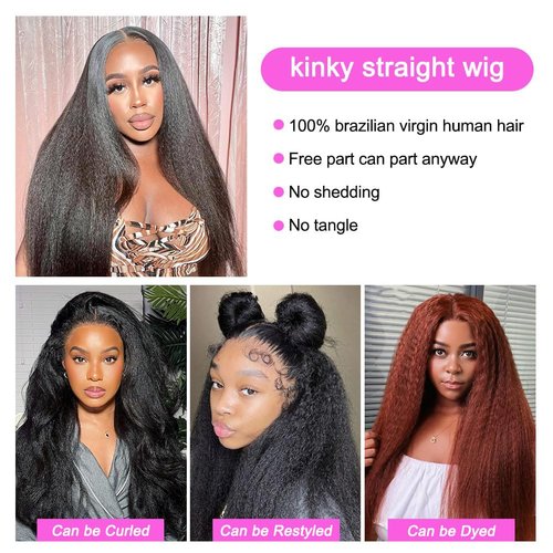 Jinhongze Kinky Straight Wig 13x6 Lace Front Wigs Human Hair 20 Inch Yaki Straight Human Hair Wig 200% Density Lace Front Human Hair Wigs for Black Women