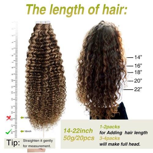 Easyouth 22 Inch Curly Tape in Hair Extensions Real Human Hair Tape in Extensions Black Human Hair Natural Tapes on Human Hair Extension 20Pcs 50g