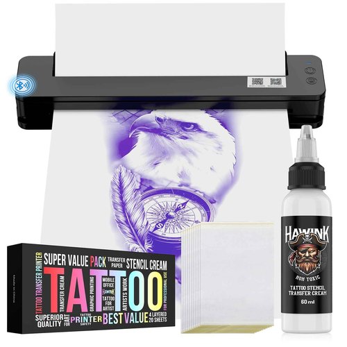 HAWINK Tattoo Stencil Printer Wireless Thermal Tattoo Printer with 20pcs Transfer Paper Transfer Cream 60g Compatible with Phone/Tablet/PC Tattoo Supplies for Tattoo Artists & Beginners T106ZKIT-US