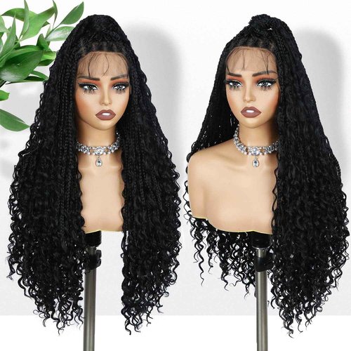 Fancy Hair Braided Wig Square Knotless Boho Box Braided Wigs with Curly Ends Full Double Lace Glueless Braids Wig with Baby Hair Synthetic Black Braided Wig for Black Women