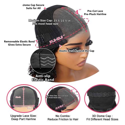 Wear and Go Glueless Wigs Human Hair Pre Plucked Pre Cut Deep Wave Lace Front Wig 4x4 Lace Closure Curly Human Hair Wig for Black Women 180% Density Curly Lace Front Wigs Glueless 24 Inch