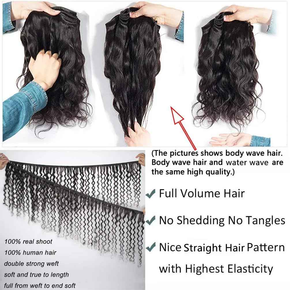 12A 3 Bundles Water Wave Human Hair (12 14 16 Inch) 100% Unprocessed Weave Brazilian Human Hair Bundles Full And Thick Virgin Hair Extensions Natural Color