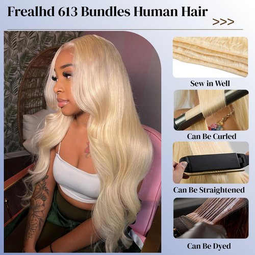 16A 613 Bundles Human Hair Blonde Body Wave 12 14 16 inch, 100% Real Human Hair No Synthetic Blended Sew in Quick Weave Bundles Human Hair Extensions Double Weft, Triple Lifespan 3X, Can Be Dyed