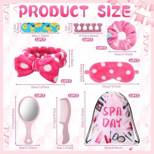Janinka 108 Pcs Spa Party Favors Supplies Bulk, Include Pink Spa Headband, Scrunchies, Eye Mask, Nail File, Toe Separator, Comb, Mirror, Drawstring Bag for Sleepover Slumber Party Gift(Striped)